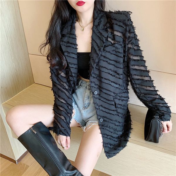 

2020 summer new fashion hong kong flavor retro thin loose chiffon long-sleeved jacket tide long suit female tide, White;black