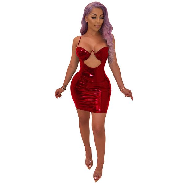 2019 Nacht Club Party Sexy Frauen Rot Leder Kleid Strap Wet Look Kleid Aushöhlen Vorne Trägerlosen Clubwear Bodycon Mini kleider