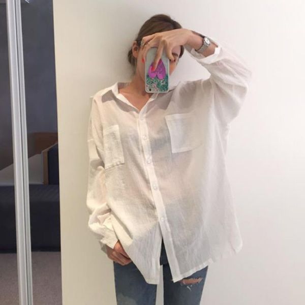 

women button summer blouses long sleeve sunscreen shirts women slim blouses, White