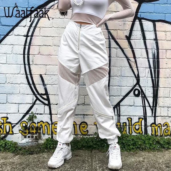 

waatfaak high waisted trousers women white loose harem pants hollow out patchwork mesh zipper sweatpants women casual joggers, Black;white