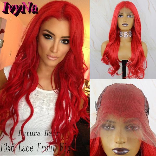

synthetic wigs ivyna 13x6 lace front red long wavy futura heat resistant hair frontal wig 150 density pre plucked, Black