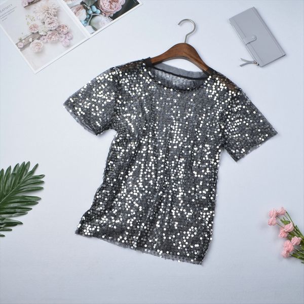 

1415 # модно с пайетками western блестки микро-прозрачными с короткими рукавами свободными футболками женских 1415 # модно с гнездом куртки, White