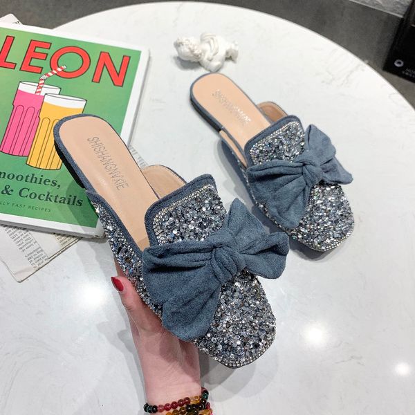 

moxxy women flat shoes bowknot brand 2019 fashion mules for women pu leather round toe slip on flip flops slipper, Black