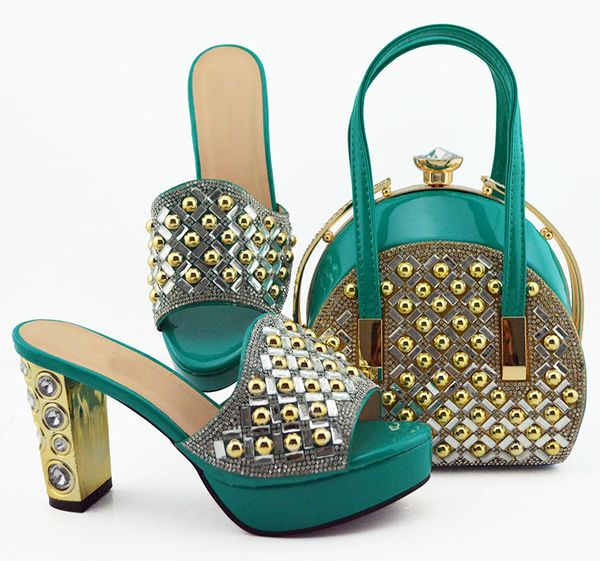 

Nice looking teal women dress shoes with rhinestone decoration african pumps match handbag set MD007,heel 10CM