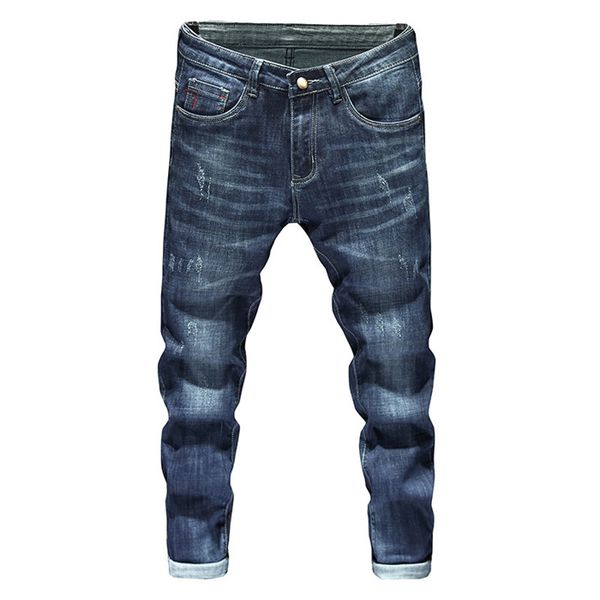 

fashion mens jeans 2019 korean style hip hop spring autumn ripped for men solid cotton full length mid blue color sale,x3160