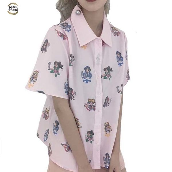 

2019 лето полиэстер harajuku с коротким рукавом блузка женщины печать sailor moon ladies kawaii tops рубашка casual плюс размер женский blus, White