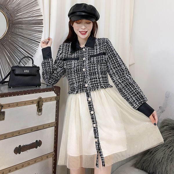 

fashion tide korean version of the new weaving stitching mesh a-line dress women single-breasted skirt women 19b-a137, Black;gray