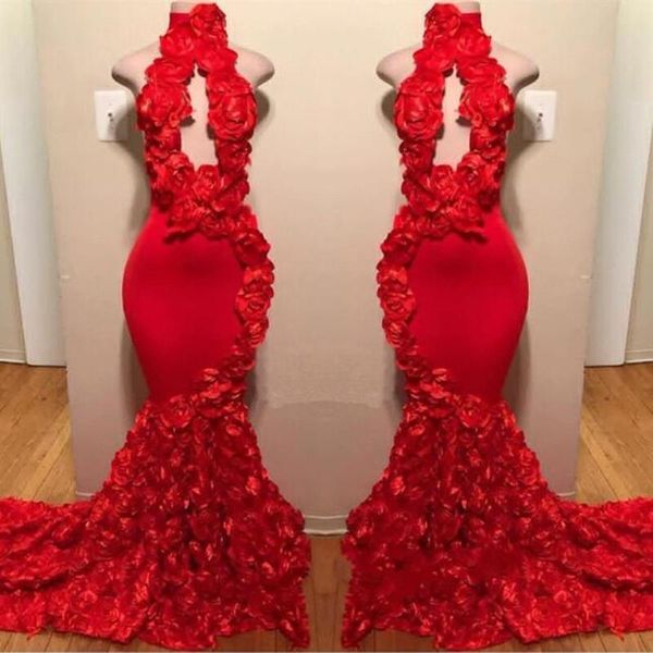Mermaid Rose Flores Prom Dresses Red alta Neck Pavimento Length Holidays Partido Vestidos Plus Size Custom Made