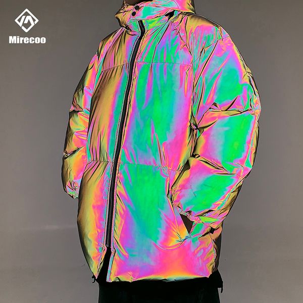 

winter jacket men thick rainbow reflective jackets parka coat fashion young hip hop loose jacket streetwear outwear men clothes, Black