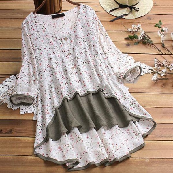 

irregular button floral print women shirt plus size vintage v-neck long sleeve female blouse 2019 summer patchwork lady, White