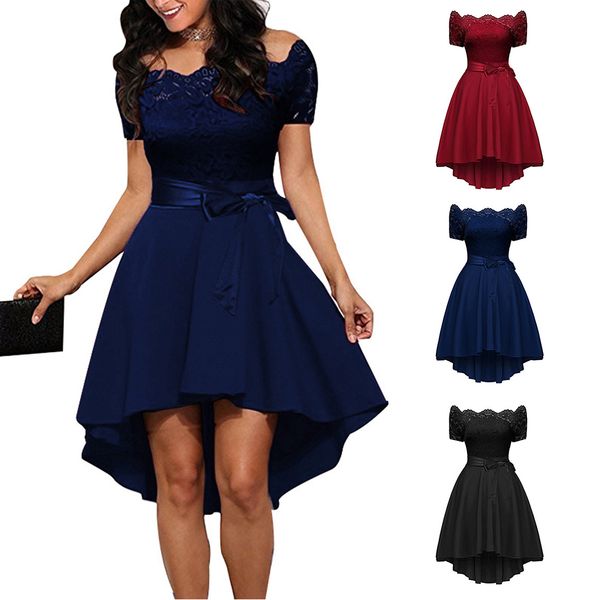 

women summer shoulder-off short sleeves dress girls solid color lace dress, Black;gray