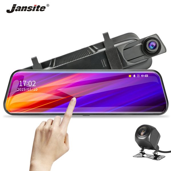 

jansite 10" touch screen stream car dvr dash camera dual lens auto camera video recorder rearview mirror add 1080p backup