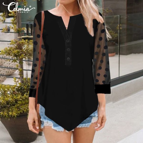 

2019 summer celmia women see-through mesh blouse 3/4 sleeve casual loose v neck female dot shirts asymmetrical blusas, White
