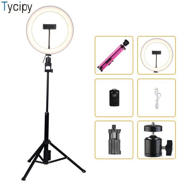 

tycipy 8 "anillo luz led fotografía teléfono cámara estudio luz bloqueo selfie stick usb enchufe teléfono clip con trípode para youtube