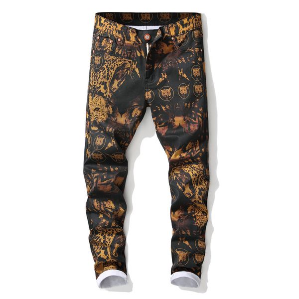 

men's leopard printed jeans trendy colored drawing slim fit straight denim pants streetwear ripped jeans for men, Blue