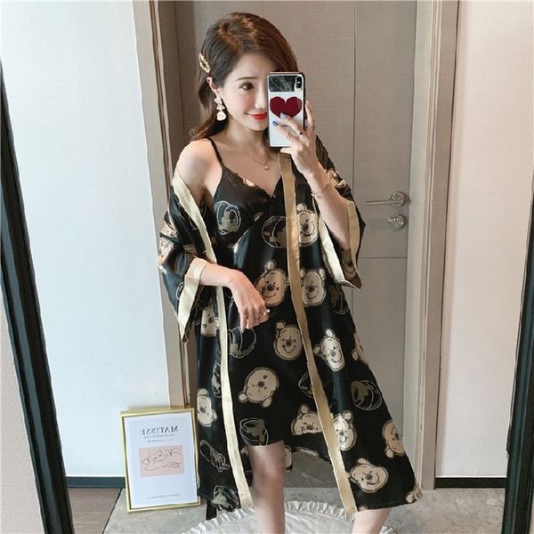 

new summer silk satin lingerie robe set for women two piece sleepwear&robes femme bathrobe nightdress nightgown night dress, Black;red