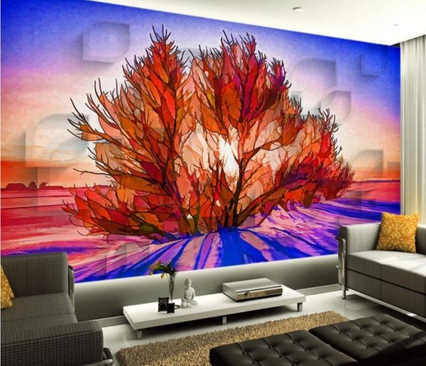 

3d geometric beautiful hand painted trees tv background wall modern wallpaper for living room