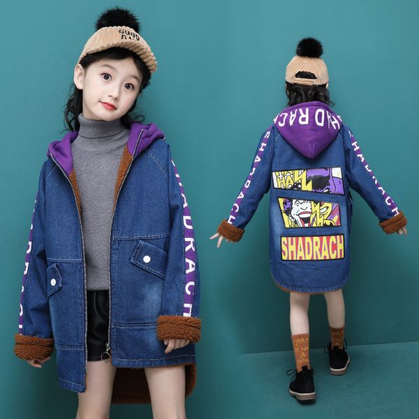 

girls winter autumn denim jean long sleeve hooded mid-long warm fleece coats fashion cowboys letters pattern windbreak jacket, Blue;gray