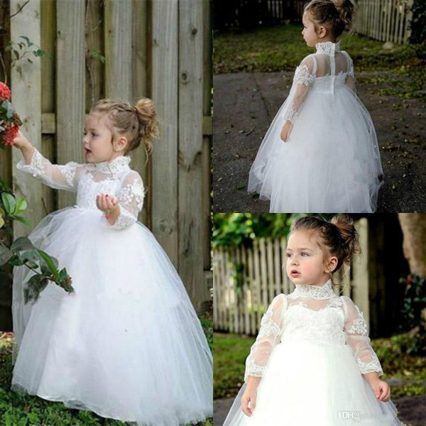 

ivory first holy communion dresses high neck simple lace full length tulle glitz little flower girls pageant dresses long sleeve skirt, White;blue