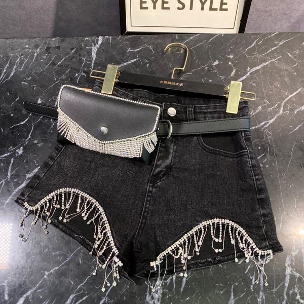 Celebridade 2020 primavera e verão nova corrente de strass borlas brilhante preto cowboy calças quentes shorts jeans femininos