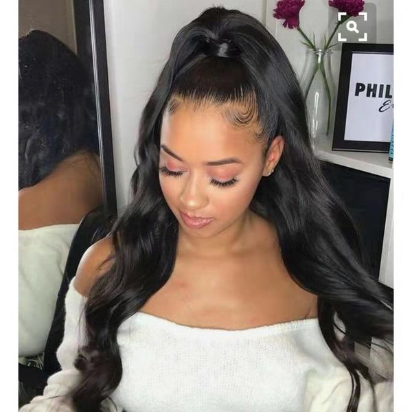 

high long wavy real natural ponytail hairpiece clip in pony tail hair extensions wrap around on malaysian remy hair piece for human 160g, Black