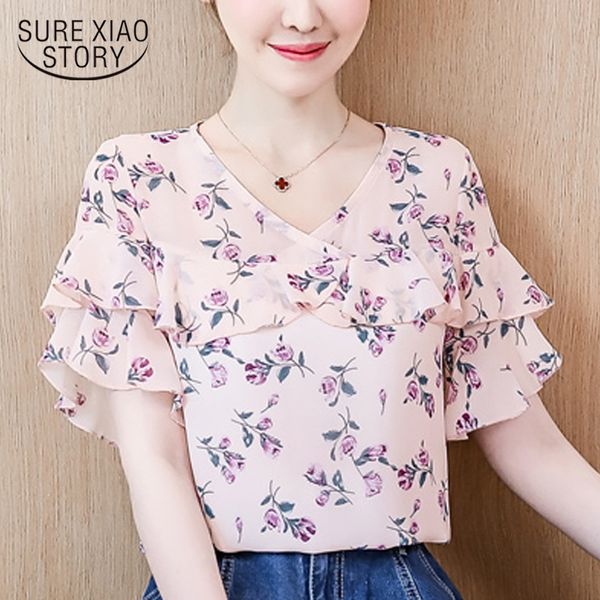 

fashion summer women clothing chiffon blouses short ruffle sleeve v neck female print shirts office ladies blusas 4481 50, White