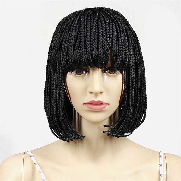 

wholesale short braided wig synthetic bob wigs for women with bangs box braid braiding hair gradient cosplay daily use, Black