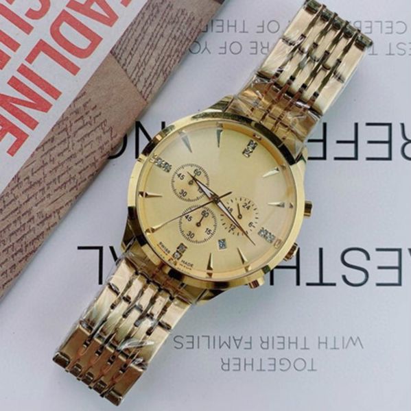 

fashion luxury men's watch stainless steel strap automatic date full function running seconds leisure sports quartz watch, Slivery;brown