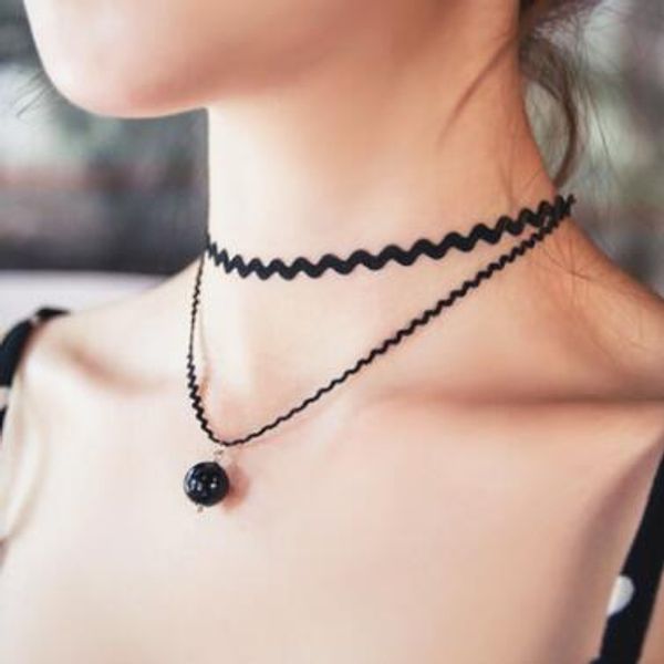 

2020 new korean jewelry double sweet princess fashion pearl pendant necklace lace wavy necklace clavicle chain for love black, Silver