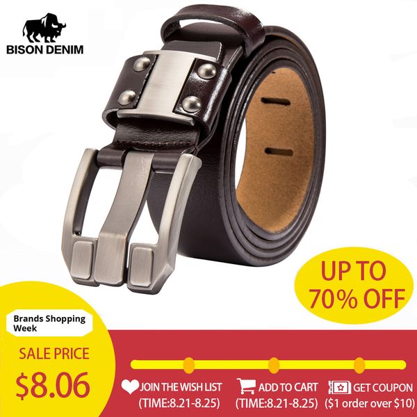 

bison denim men's jeans belts pin buckle cowhide genuine leather belts vintage brand waistband strap belt for men male n71350, Black;brown