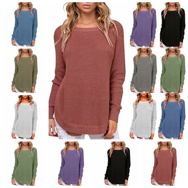 

european autumn winter explosion hem high split round neck long sleeve pullover sweater, support mixed batch, White
