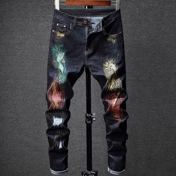 

european american fashion high street men's jeans modern designer colorful printed jeans denim pants broken punk men, Blue