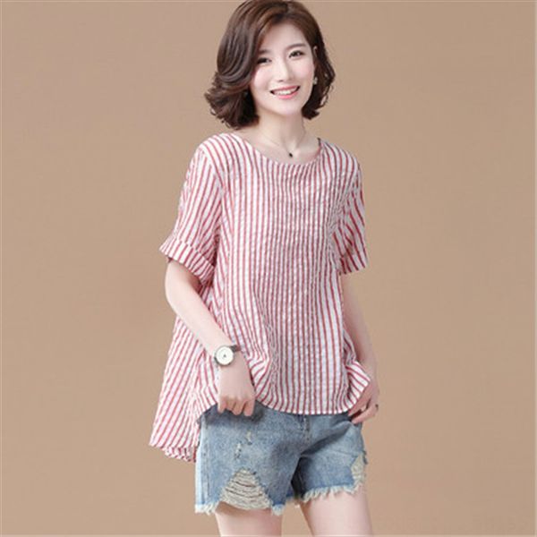 

september momo 2019 women's short sleeve round collar striped t-shirt t-shirt women's casual loose shoulder top, White