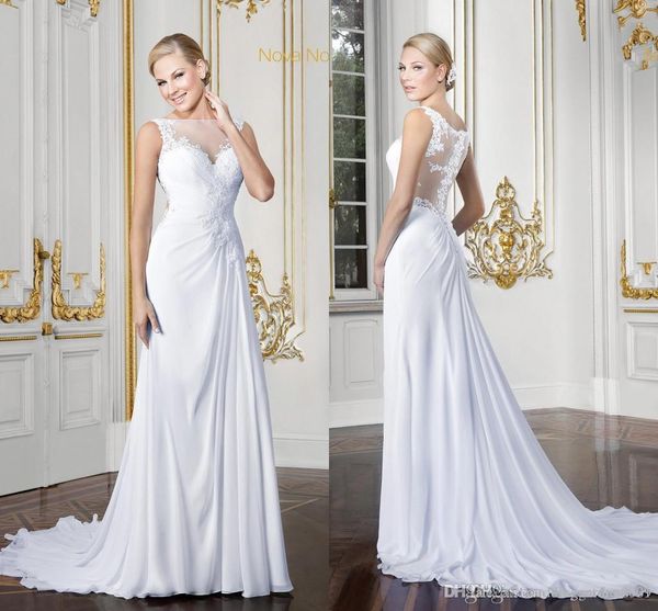 

new beach bohemian wedding dresses a line applique sheer neck illusion back summer boho sweep train wedding dress bridal gowns, White