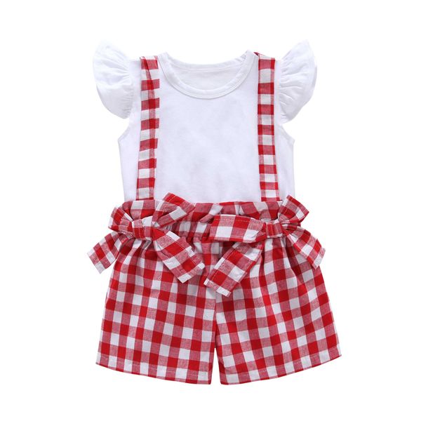 

newborn infant kids baby girls summer sets ruffles sleeve white t-shirts +plaid overalls shorts 0-3y