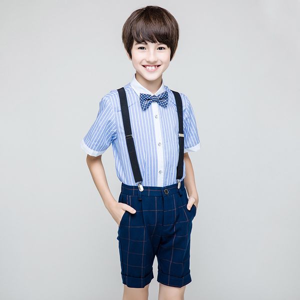 

fashion summer boy suit three-piece suit kids striped shirt plaid short school clothes children performance costume 110-170cm, White