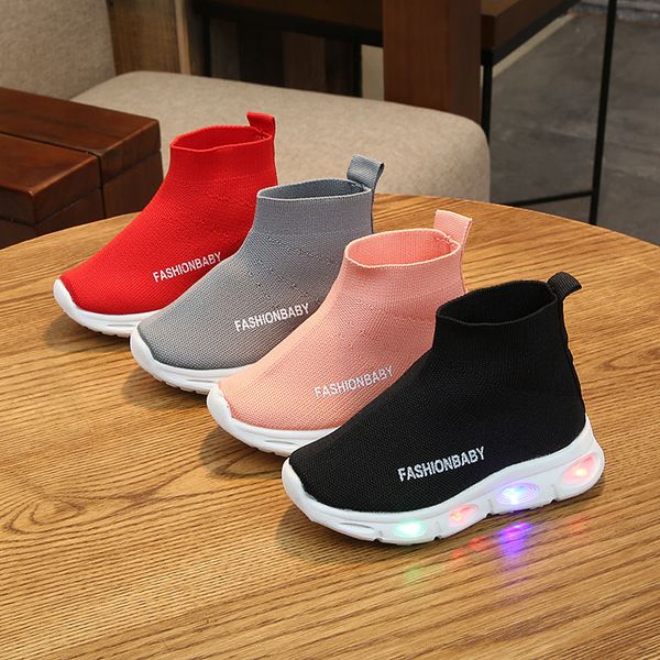 

2020 boys and girls fashion breathable mesh socks sneakers children's sports casual led shoes new kids non-slip walking shoes