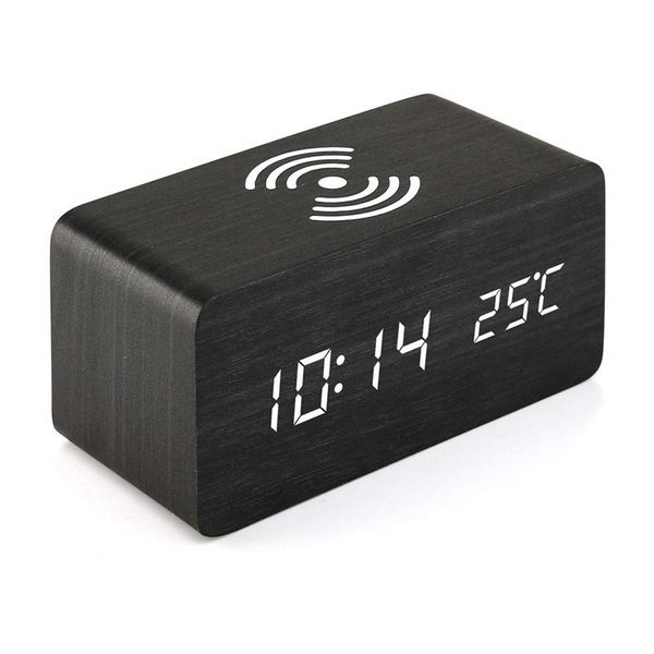 

chfl wooden alarm clock with qi wireless charging pad compatible with for iphone samsung wood led digital clock sound control