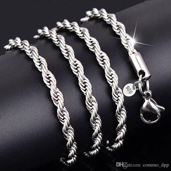 

925 стерлингового серебра 3mm витой веревочки цепи ожерелья для женщин мужчинам ювелирных изделий подарков 18 20 16 22 24 26 28 30 дюймов, Silver