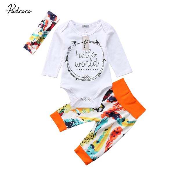 

3pcs newborn infant baby girls hello world letters outfit clothes jumpsuit child bodysuit and pants set baby girl clothes, Blue