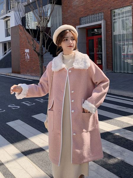 

ead 2019 winter new lapel pink woolen coat female korean version of loose casual temperament long coat, Black