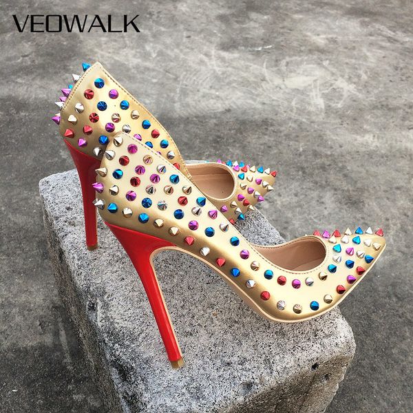 

veowalk 2019 rivets women pointed toe pumps extreme high ultra thin heels shoes ladies patent leather fashion party shoes t200525, Black