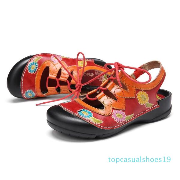 

socofy retro leather floral splicing cutout stitching lace up slingback flat sandals women sandals shoes botas mujer 2020 t19, Black