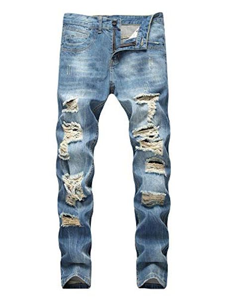 

men's ripped distressed destroyed straight fit washed denim jeans, Blue