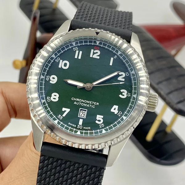 

auto 46mm rubber luminous automatic date pilot b01 watches silver dial black movement watch mens date soft band men wristwatches vehxk, Slivery;brown