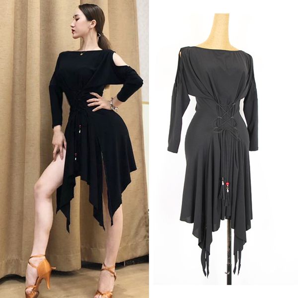 

new latin dance dresses female bat sleeves loose split long tassel dance dress for women's ballroom practice clothes dl4251, Black;red
