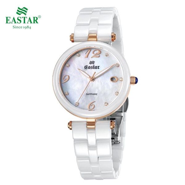 

eastar elegant white women quartz wrist watch waterproof diamonds index porcelain band stainless steel fold-over clasp, Slivery;brown