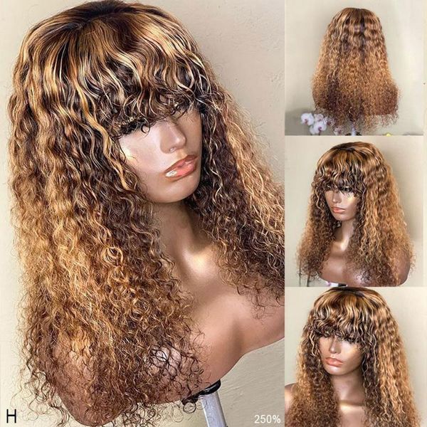 

highlight curly lace front human hair wigs with bangs brazilian remy honey blonde color 13x4 lace front wig for black women 250%, Black;brown