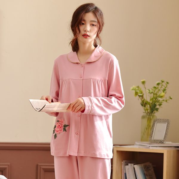 

flower embroidery pajamas sets for women 100% cotton pijama long sleeve nightwear fashion simple lingerie pyjamas women homewear, Blue;gray