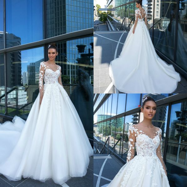 

2019 crystal design wedding dresses lace applique long sleeve illusion jewel neck beach wedding dress bridal gowns vestidos de novia, White